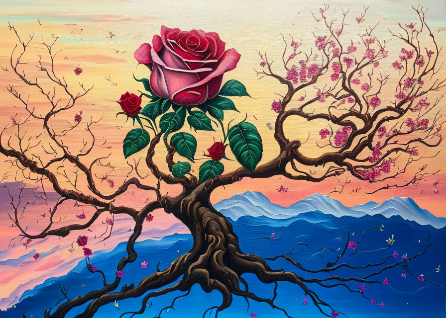 Colorful painting of tree with red rose and sunset backdrop