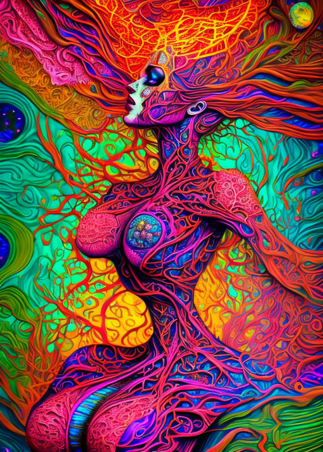 Colorful Psychedelic Humanoid Figure in Abstract Cosmic Setting