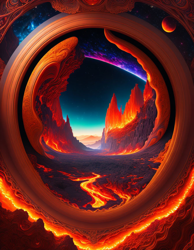 Surreal fiery landscape in circular portal: volcanic mountains, flowing lava, starry sky