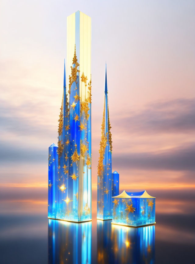 Futuristic crystalline buildings reflecting blue and gold hues in twilight sky