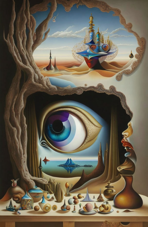 Surrealist painting featuring eye, tree, ships, desert, and floating structures