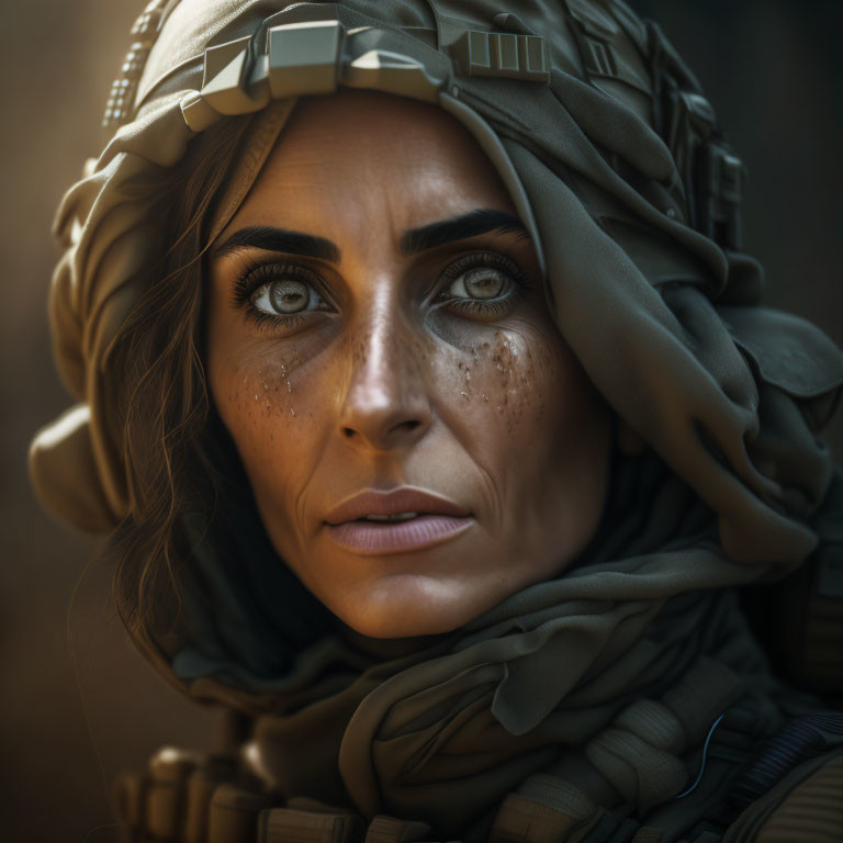 Intense-eyed woman in military headgear and scarf with dusty complexion and freckles.