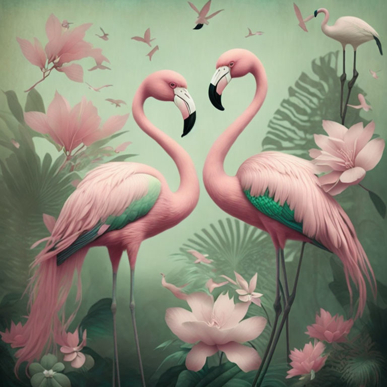 Pink flamingos and white heron amidst pink flowers