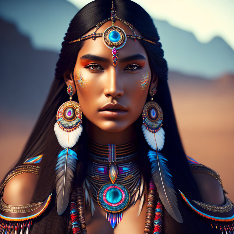 Digital artwork of woman in traditional indigenous attire with feathered earrings and vibrant headdress