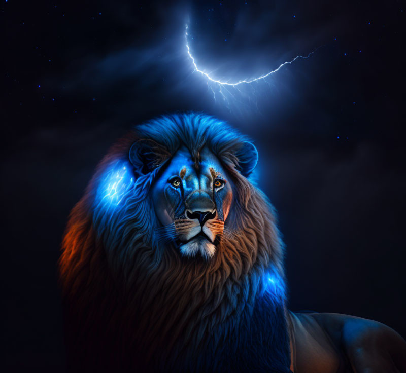 Majestic lion with blue mane under starry sky and lightning