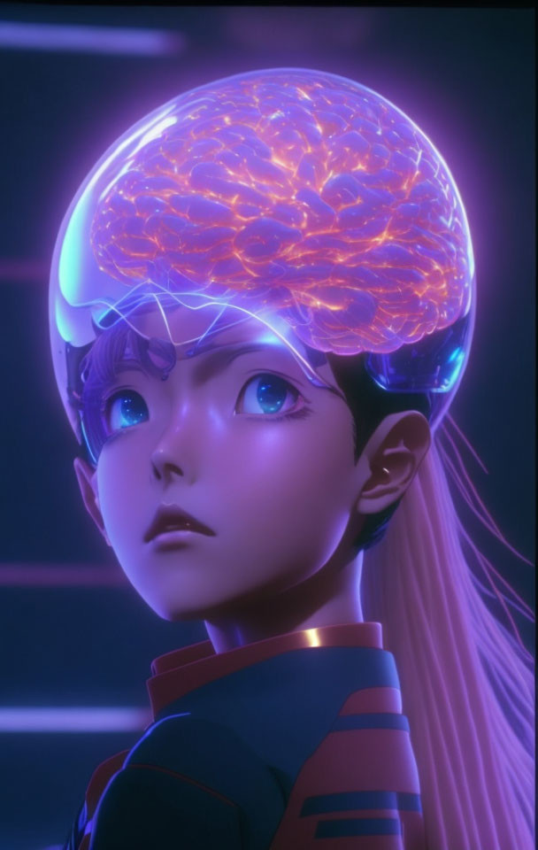 Anime-style character with glowing brain activity in transparent helmet on neon purple backdrop