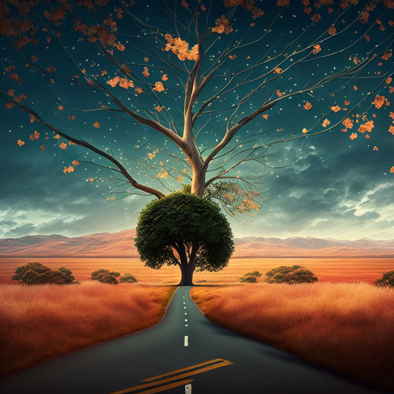 Surreal tree with road merging in twilight sky