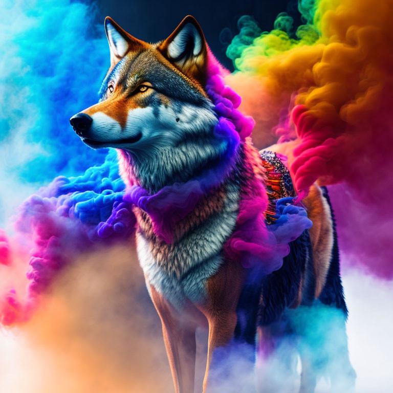 Majestic wolf in vibrant multi-colored smoke landscape