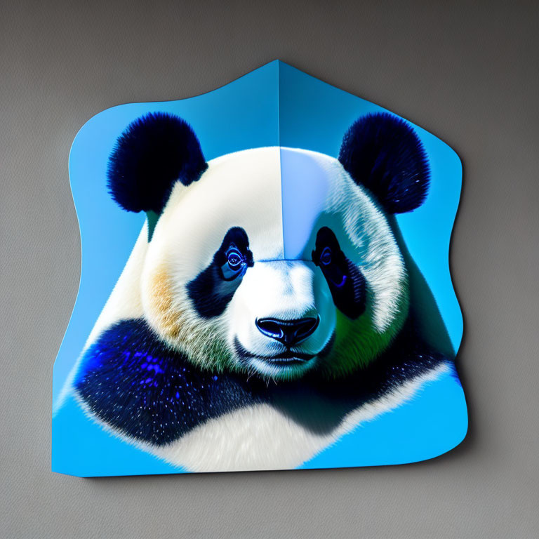 Split design stylized panda portrait on modern canvas with wavy elements