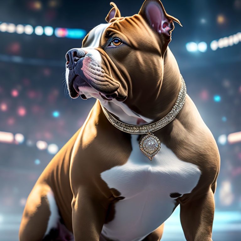 Muscular bulldog in sparkling collar against blurred spotlight-lit background