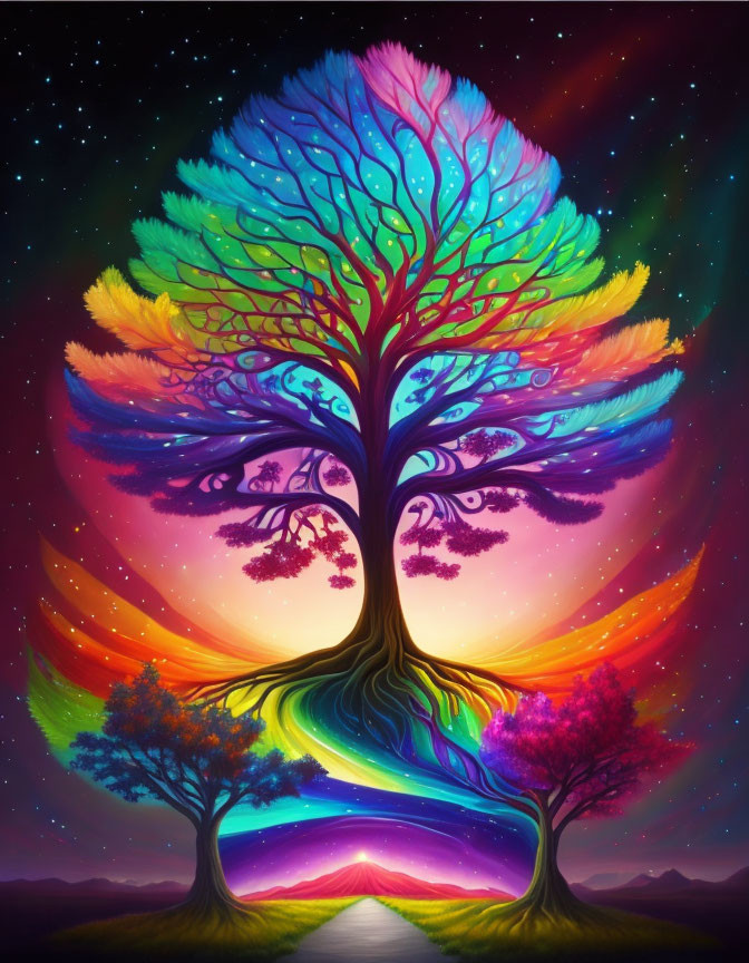 Colorful Tree with Spectrum Leaves Under Starry Night Sky