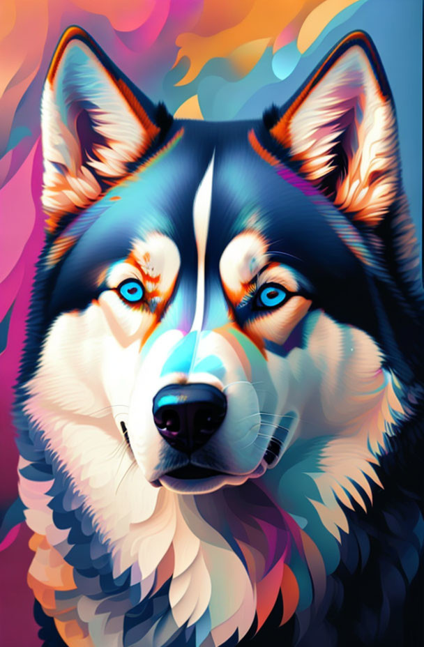 Vibrant digital art: Husky with blue eyes in abstract blues, oranges, and pinks