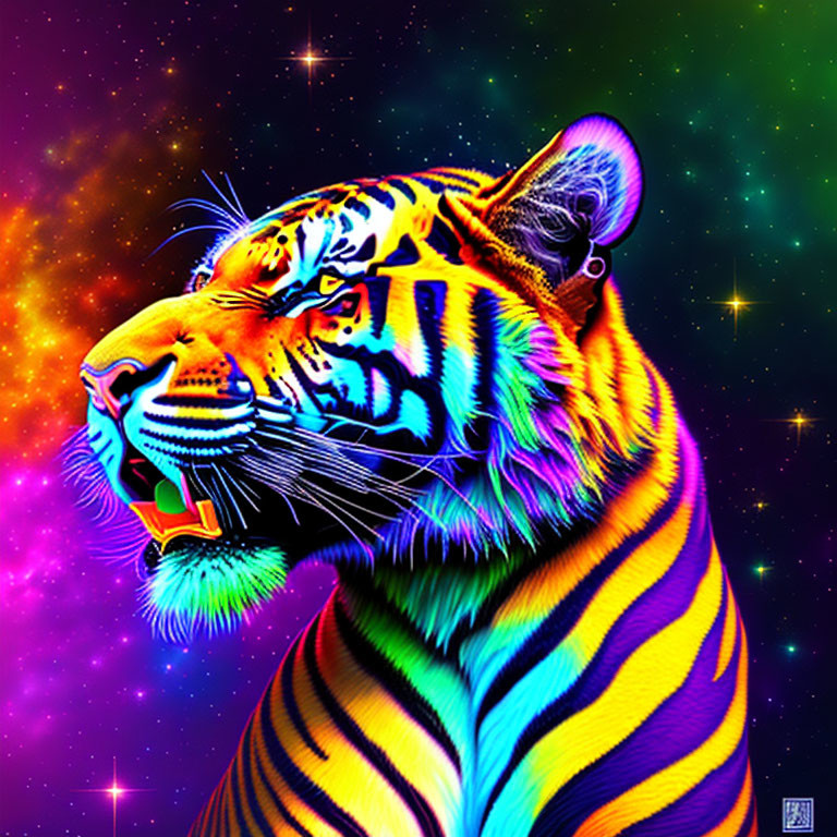 Colorful Tiger Artwork on Sparkling Starry Background