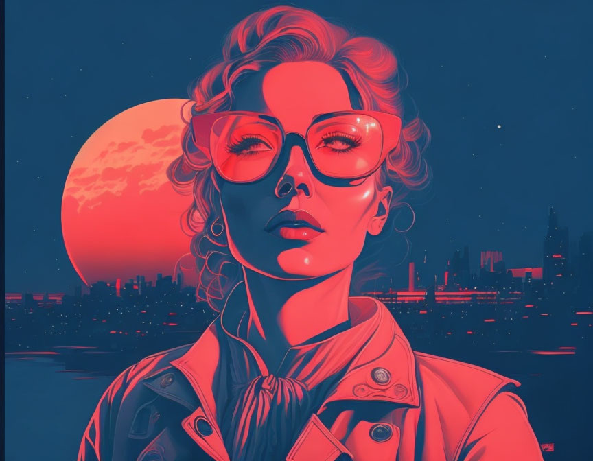 Stylized portrait of a woman with glasses in red cityscape with moon