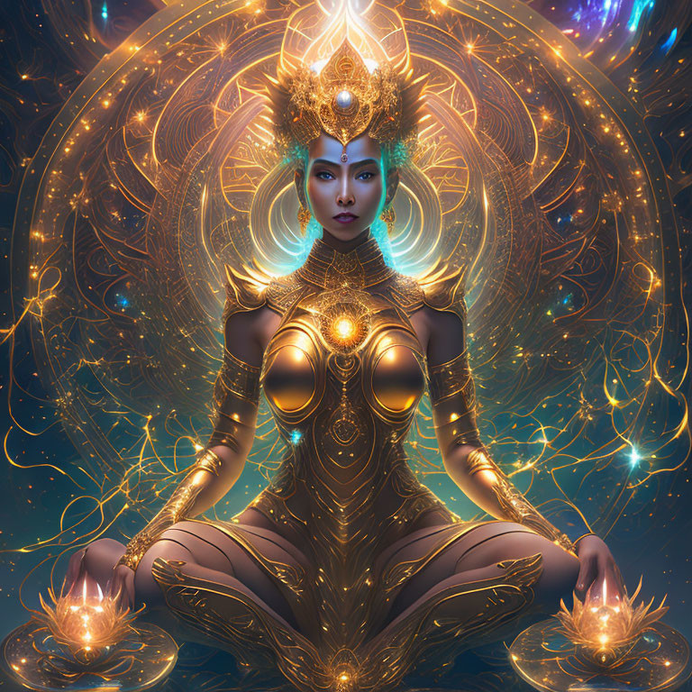 Fantasy illustration: Woman in gold armor with glowing energy patterns