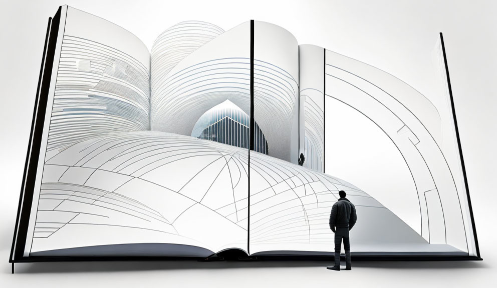 Person standing before massive open book with surreal 3D architectural shapes.