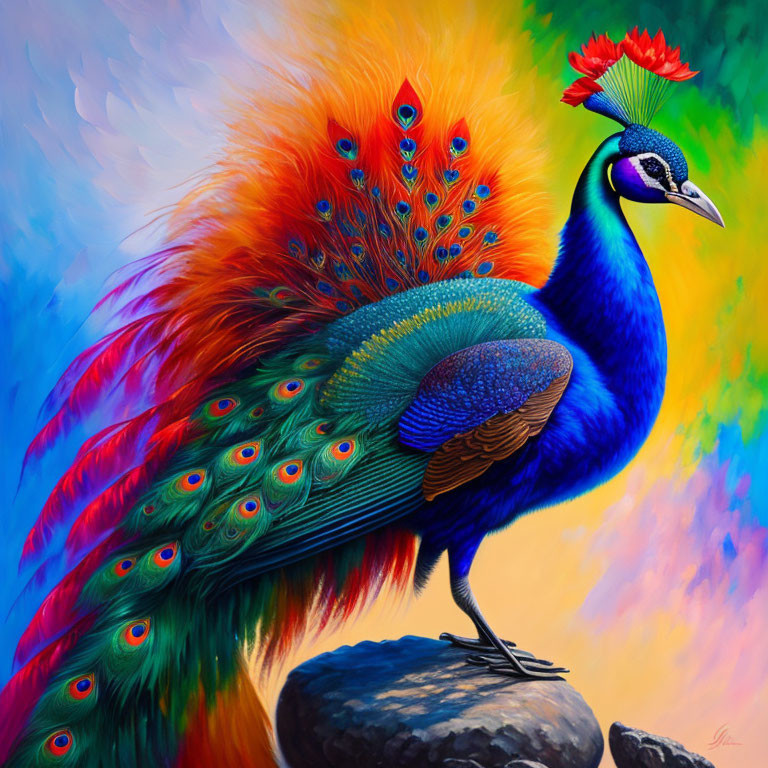 Colorful Peacock Illustration on Vibrant Background