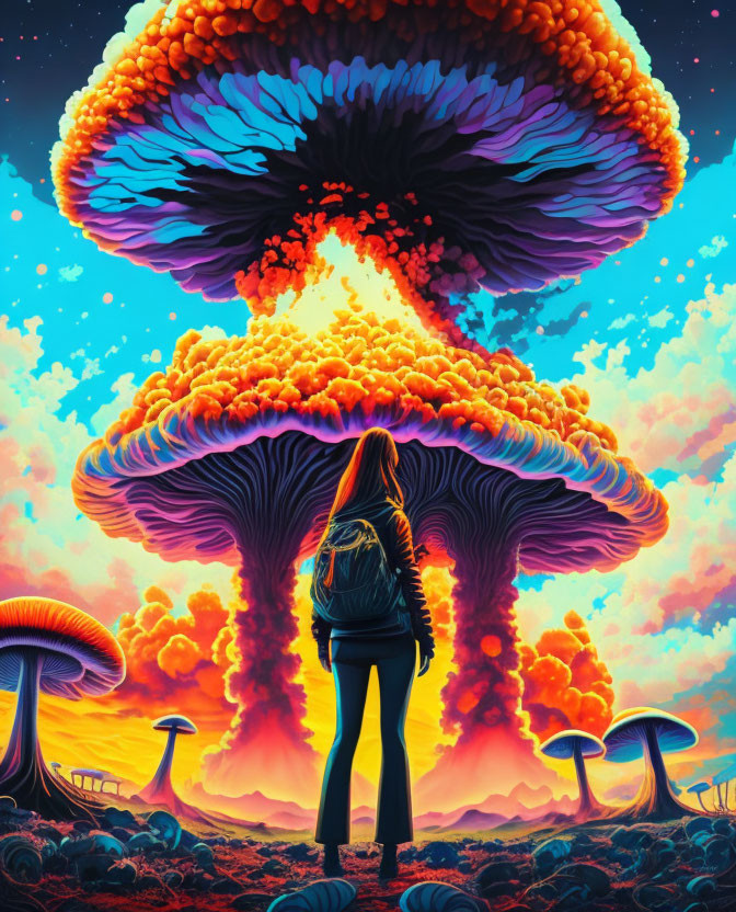 Surreal landscape with giant mushrooms and vibrant sky