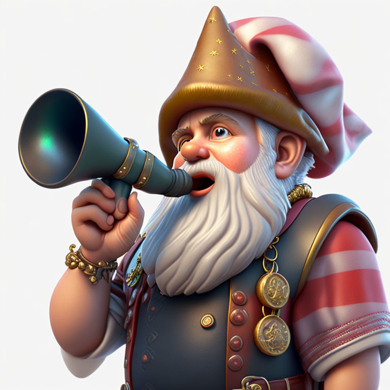 Whimsical gnome character with long white beard and red hat holding spyglass