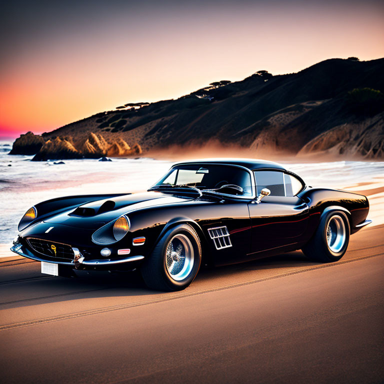 Black sports car on beachside road at sunset with orange and pink skies.