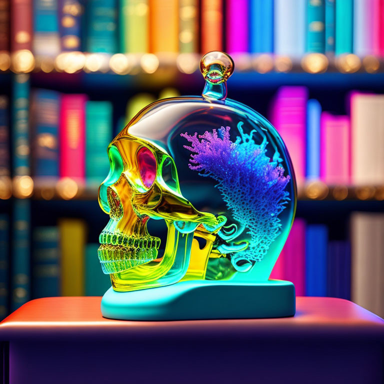 Colorful Glass Skull with Coral Structure on Pedestal Near Vibrant Bookshelf