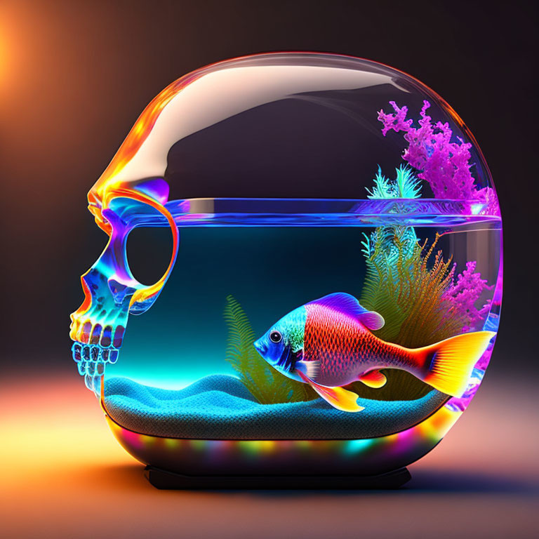 Colorful Fish Swimming in Skull-Shaped Fishbowl with Coral