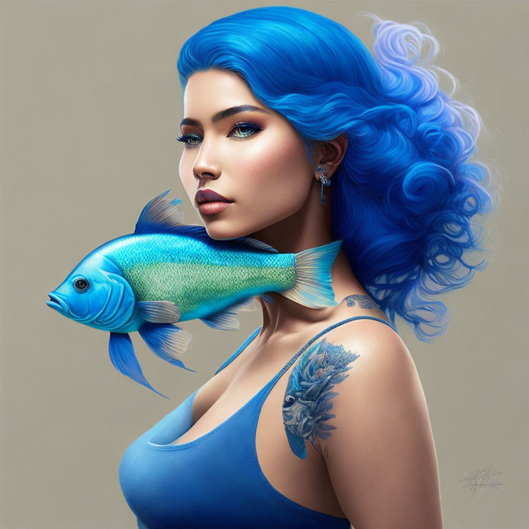 Surreal illustration: Woman with vibrant blue hair mirroring fish, featuring feather tattoo.