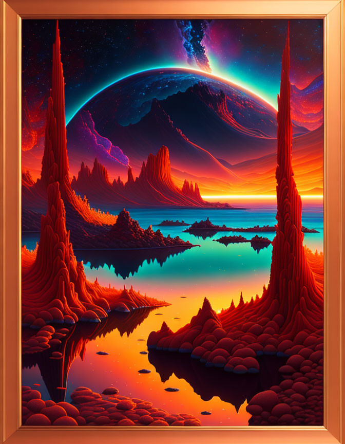 Vividly colored digital artwork of fantastical landscape with towering spires, serene water, and cosmic