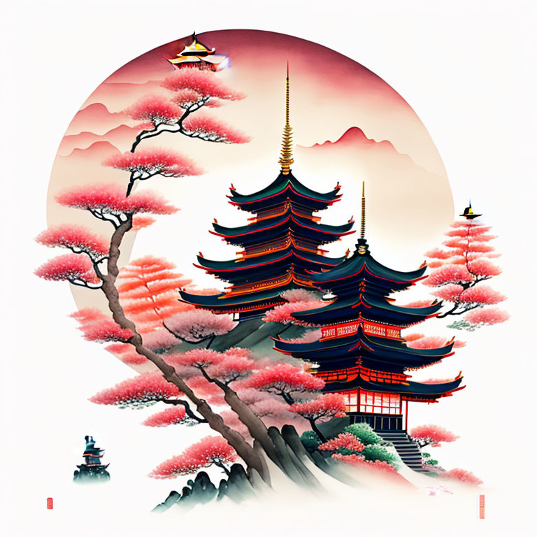 Traditional Asian Artwork: Pagoda, Blossoming Trees, Red Sun & Boat