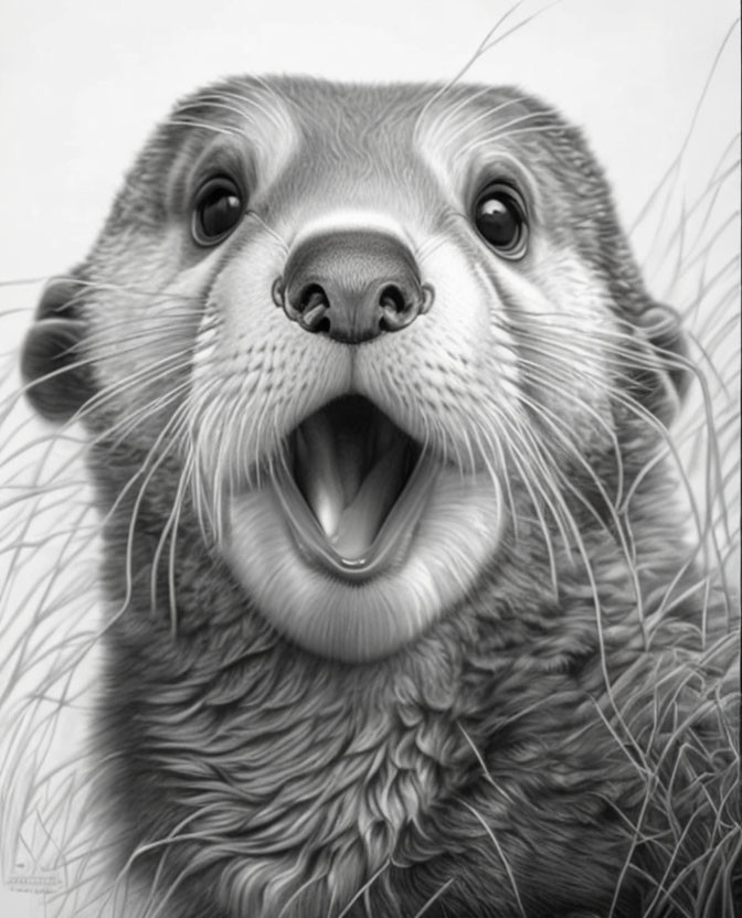 Detailed grayscale otter portrait with expressive eyes and fur texture