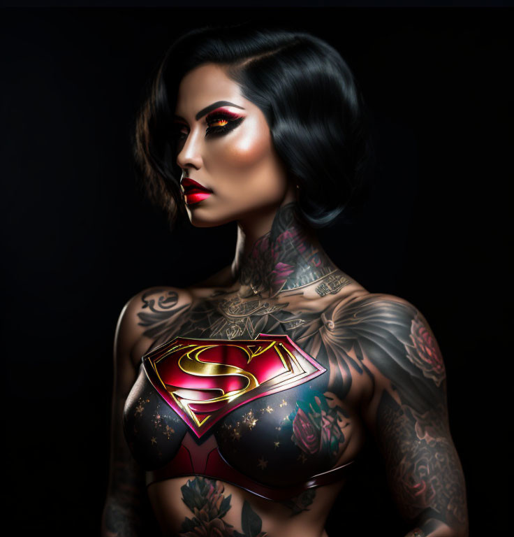 Colorful tattoos and dramatic makeup on woman against dark background