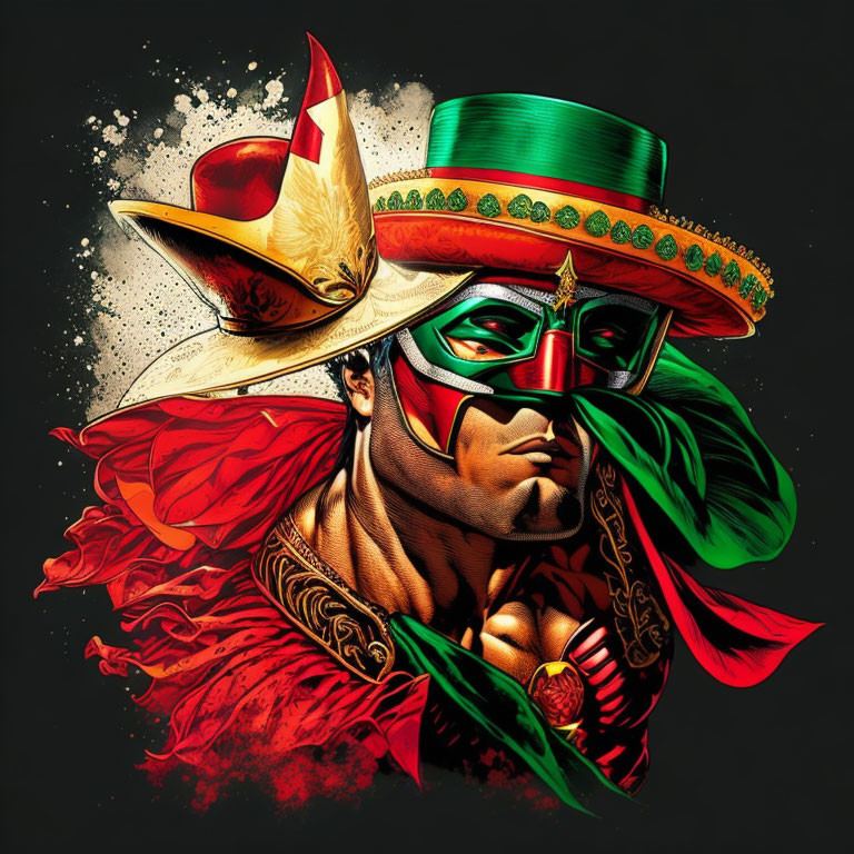 Stylized illustration of masked character with red cape and sombrero