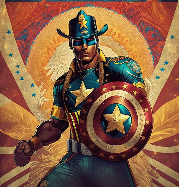 Superhero illustration in blue uniform with star emblems and shield, wearing cowboy hat, ornate background