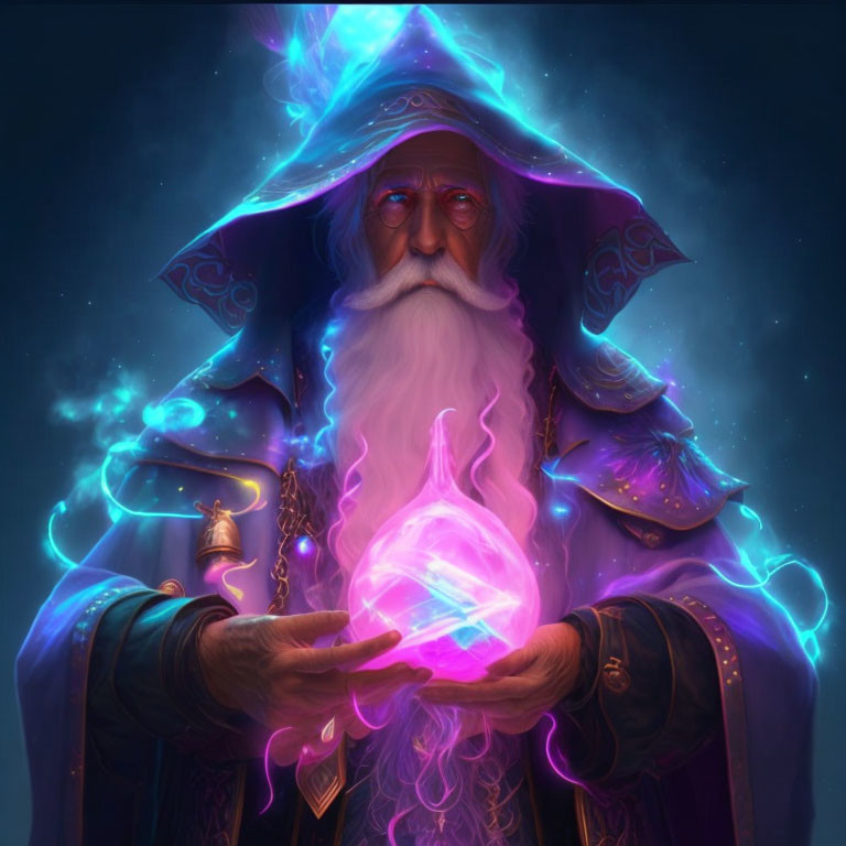 Elderly wizard with glowing pink orb in mystical setting