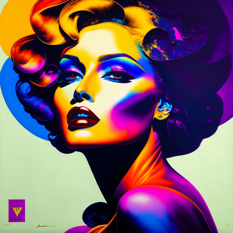 Colorful Pop Art Portrait of Woman with Cosmic Hat & Stylish Makeup