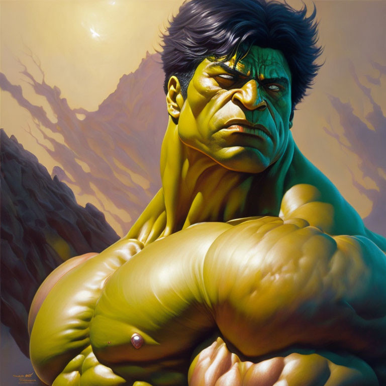 Muscular green man with dark hair and intense gaze on yellow background