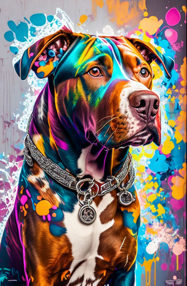 Vibrant Dog Artwork with Paint Splashes and Graffiti Background