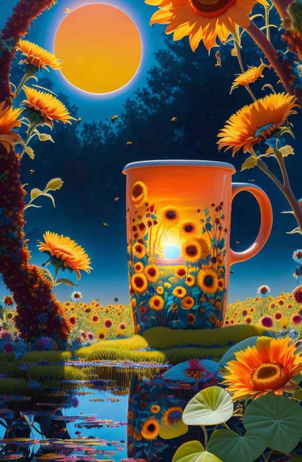 Sunflower-themed mug illustration with dreamlike sunset background