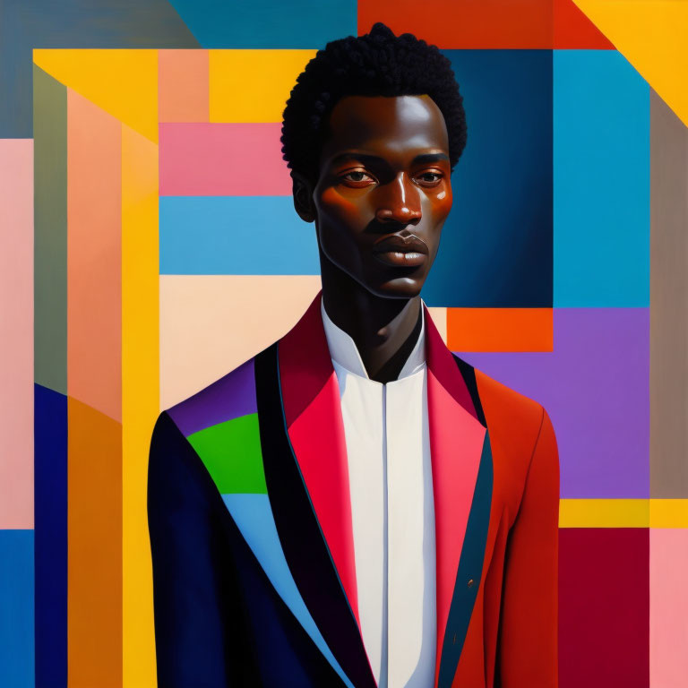 Dark-skinned man in colorful jacket on abstract background