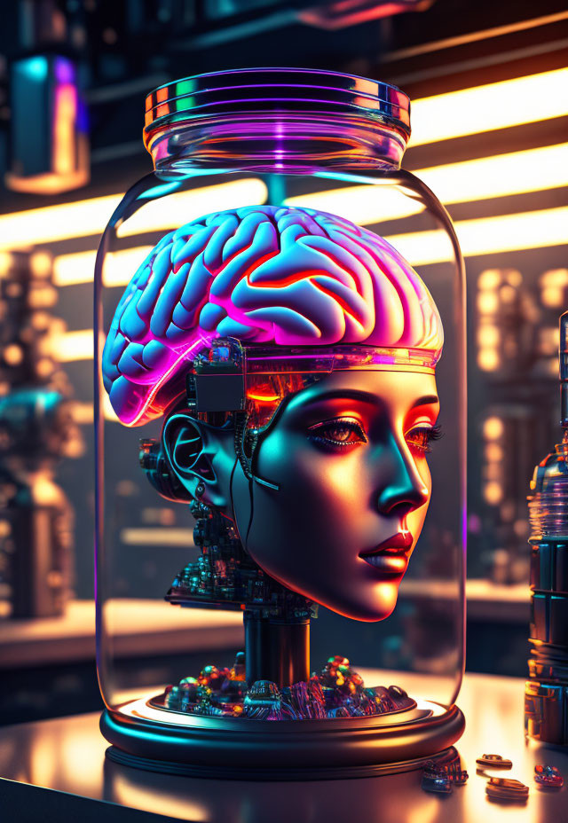 Futuristic robot head with exposed brain in glass jar under neon lights