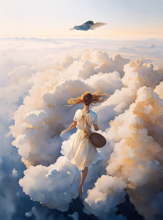 Girl in white dress runs on clouds towards flying bird in dreamy sky