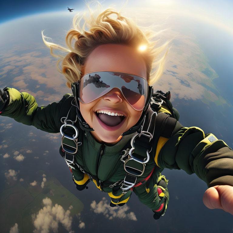 Smiling skydiver with parachute gear and Earth's horizon in the background