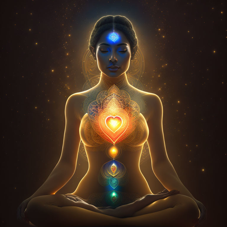 Illustration of woman meditating with glowing chakras on starry backdrop