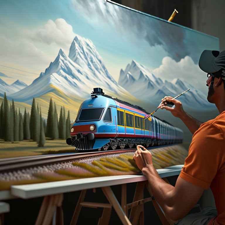 Vivid landscape painting with train model seamlessly integrated into canvas