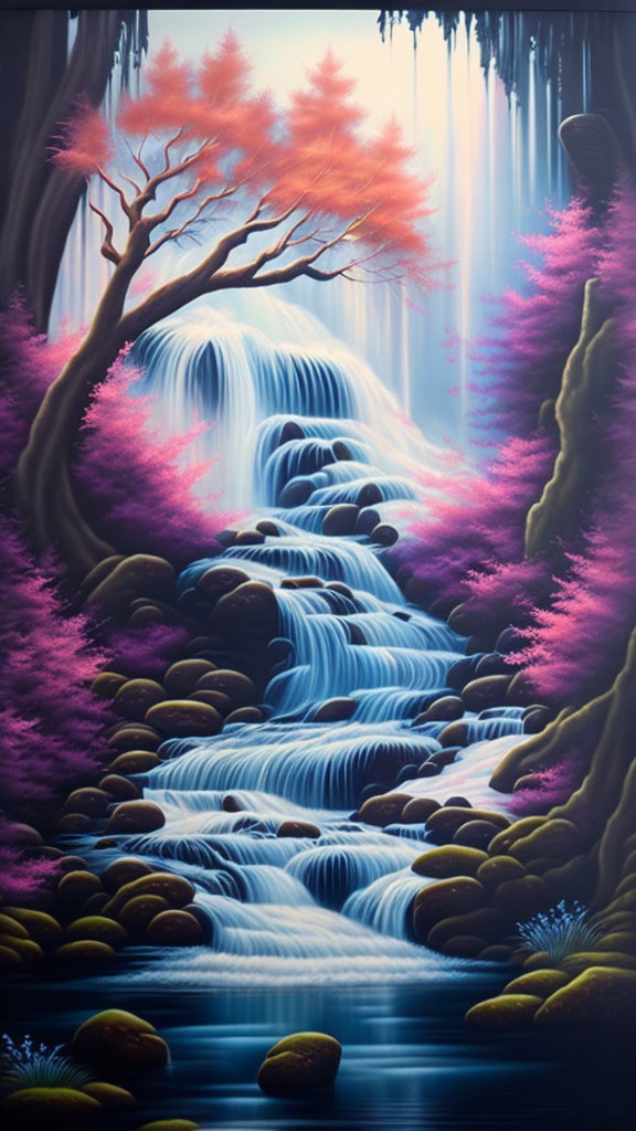 Tranquil digital artwork: cascading waterfall with pink and purple foliage