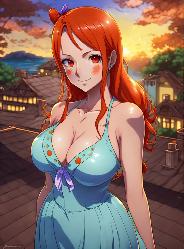 Illustration of woman with orange hair in blue dress on balcony at sunset