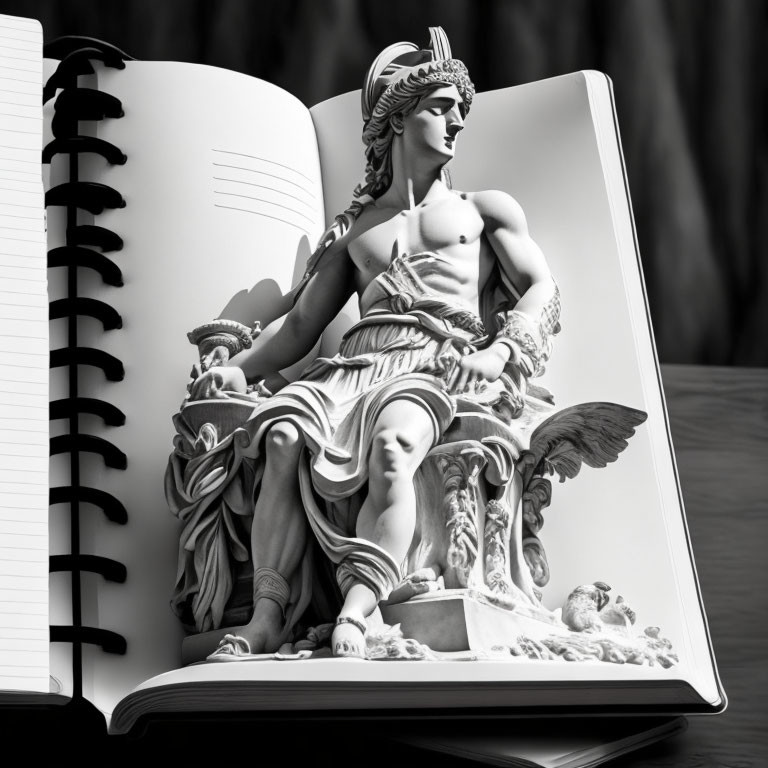 3D rendering of Greco-Roman goddess with open book symbolizing knowledge