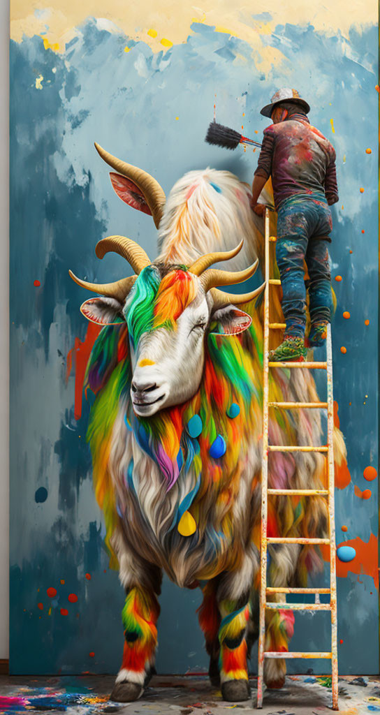 Artist painting vibrant multicolored goat on wall from ladder