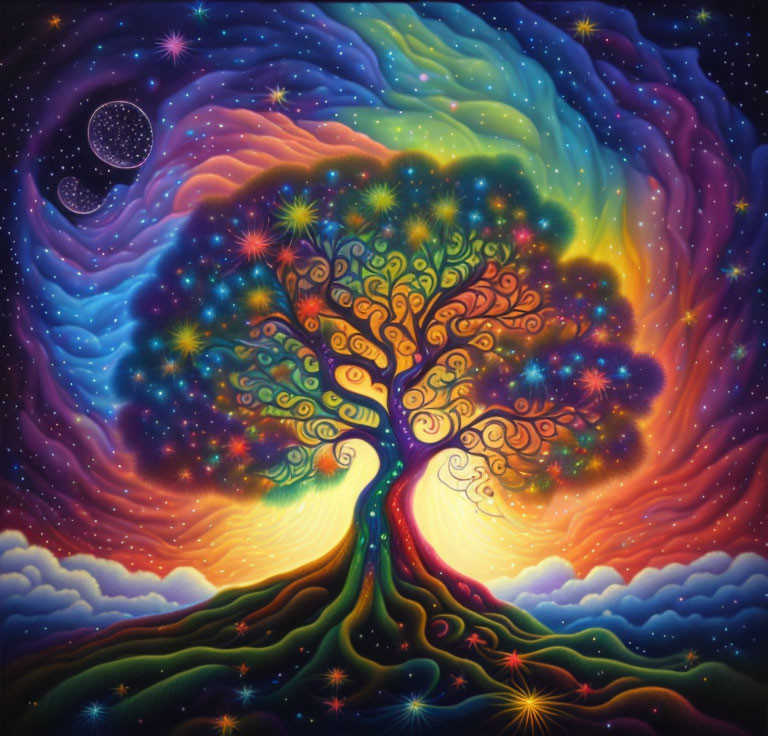 Colorful Psychedelic Tree Art Against Cosmic Sky with Stars and Moons