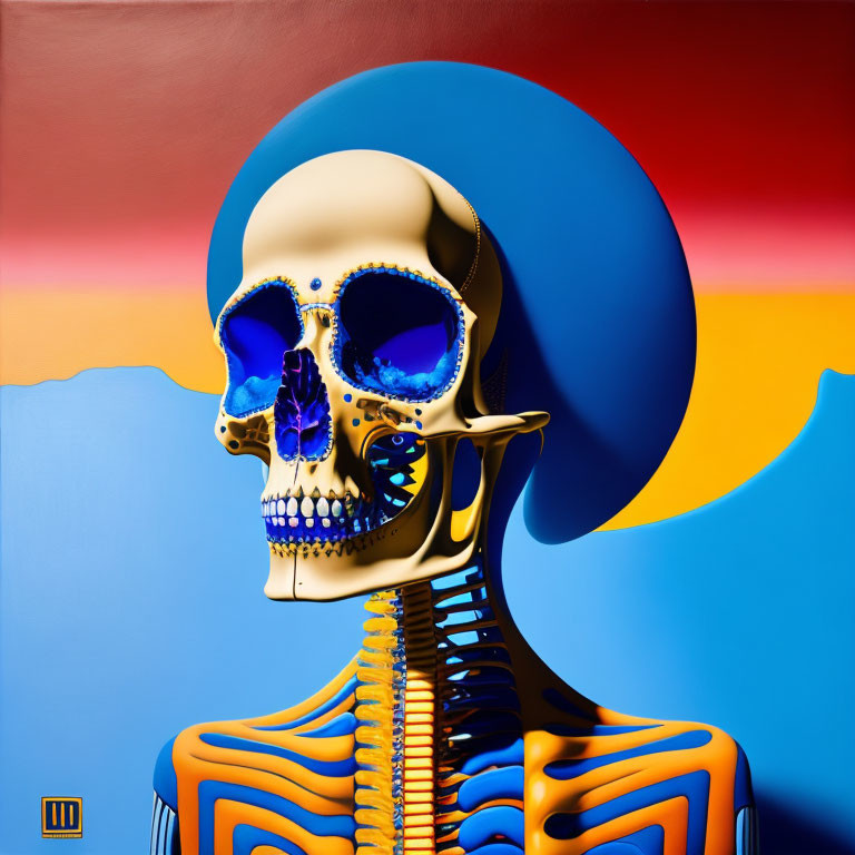 Colorful digital artwork: Skeleton in gold on blue and yellow backdrop